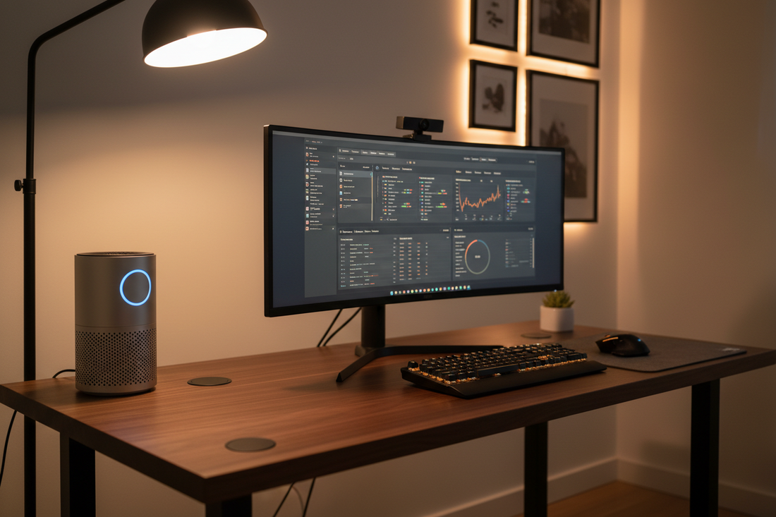 A professional home office sanctuary featuring air purifiers, footrests, and desk lamps, by True-Desk.