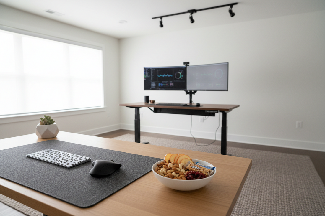 A professional home office sanctuary featuring office snacks, standing desks, and desk mats, by True-Desk.