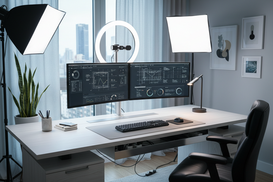 A professional home office sanctuary featuring cable management, desk mats, and blue light blocking glasses, by True-Desk.