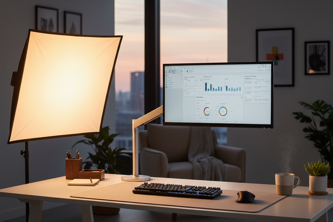 A professional home office sanctuary featuring monitor arms, desk mats, and blue light blocking glasses, by True-Desk.