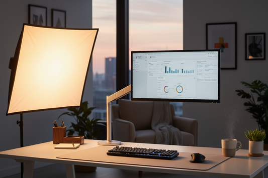 A professional home office sanctuary featuring monitor arms, desk mats, and blue light blocking glasses, by True-Desk.