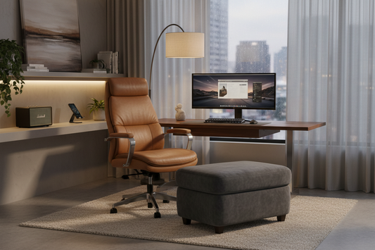 A professional home office sanctuary featuring ottomans, desk mats, and monitor arms, by True-Desk.