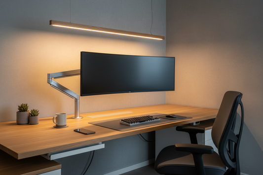 A professional home office sanctuary featuring monitor arms, standing desks, and desk mats, by True-Desk.
