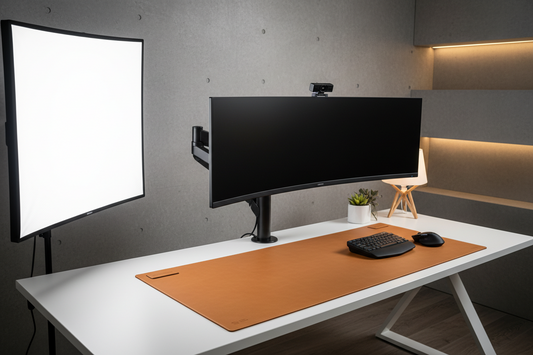 A professional home office sanctuary featuring monitor arms, desk mats, and blue light blocking glasses, by True-Desk.