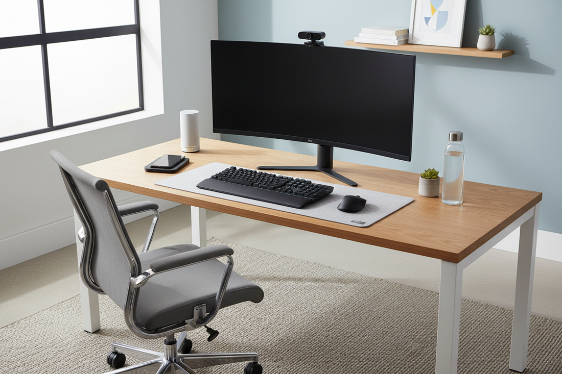 Professional webcams and meeting microphones enhancing a video conferencing workspace, by True-Desk.