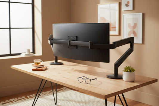 A professional ergonomic workspace setup with blue light blocking glasses and monitor arms, by True-Desk.