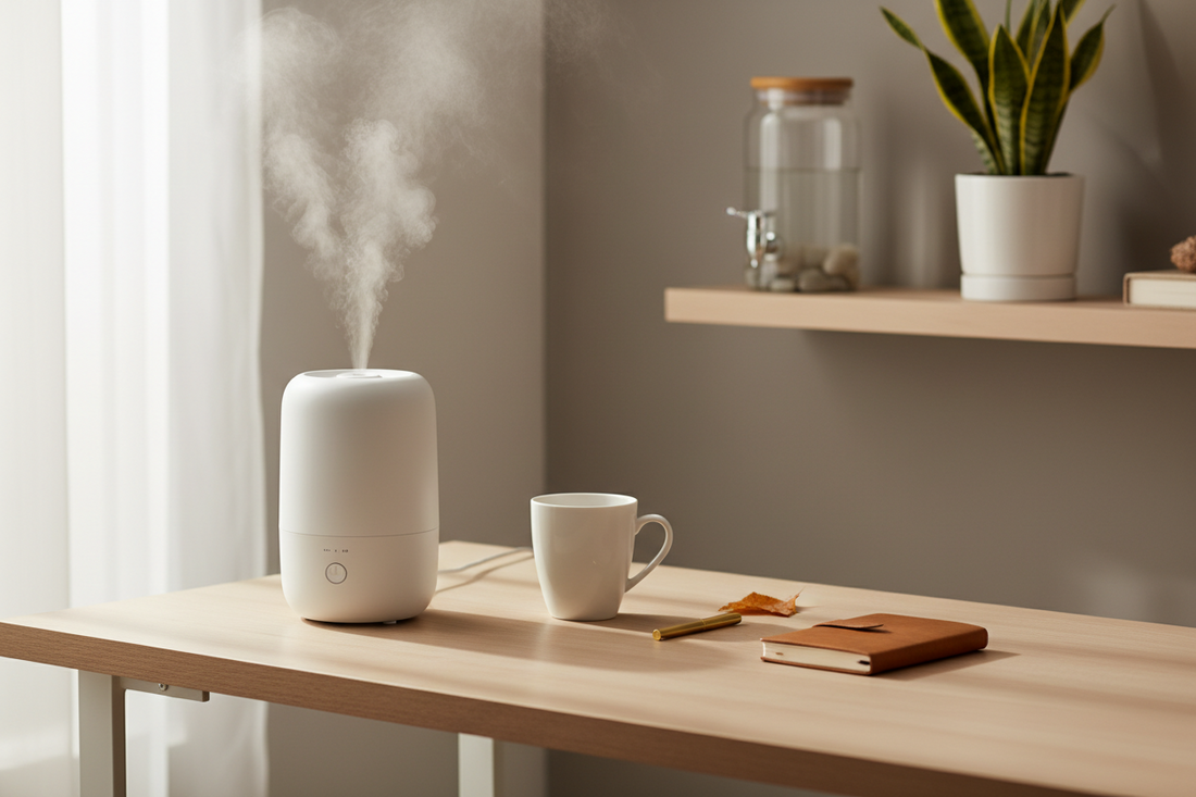 Ultrasonic humidifier on a home office desk with soft mist to combat dry indoor air during fall and winter season