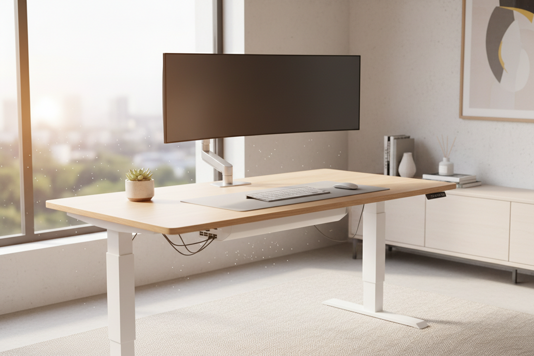 Electric height-adjustable standing desk in a bright modern home office setup
