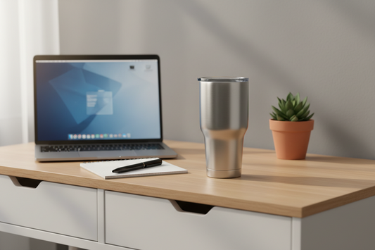 Best insulated tumbler for home office hydration and productivity — clean desk setup with stainless steel tumbler