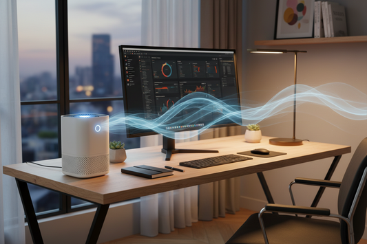 A clean and modern home office setup showcasing a compact minimalist air purifier on a wooden desk next to a laptop under bright lighting.