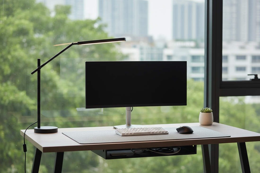 Adjustable LED desk lamp illuminating a clean, organized home office desk setup