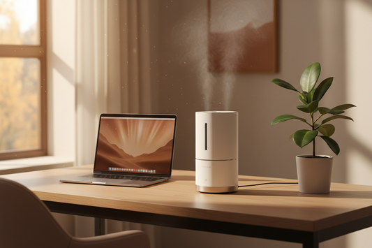 Best humidifier for home office in fall placed on a minimal desk with laptop and plant