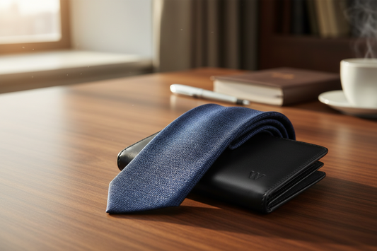 A premium Father's Day gift setup featuring a folded silk necktie and a slim leather wallet on a dark wooden executive desk under soft morning light by True-Desk.
