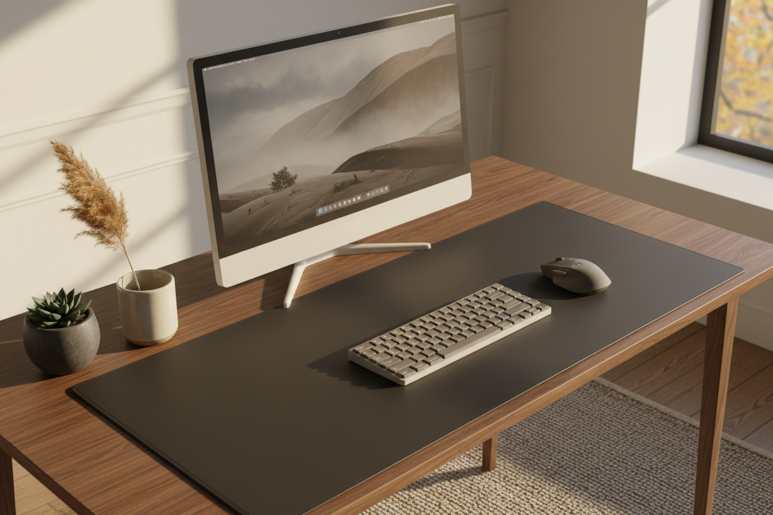 Large PU leather desk mat covering a full home office desk with keyboard, mouse, and monitor in a clean fall workspace setup