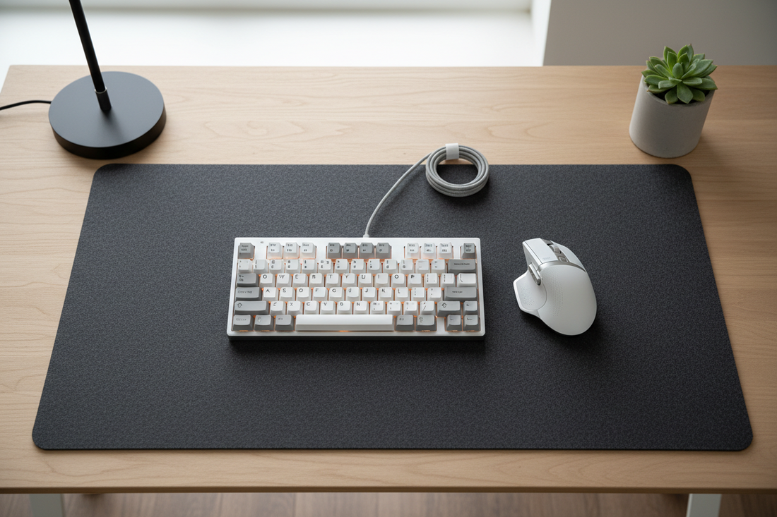 Wireless mechanical keyboard and ergonomic mouse on a clean home office desk mat