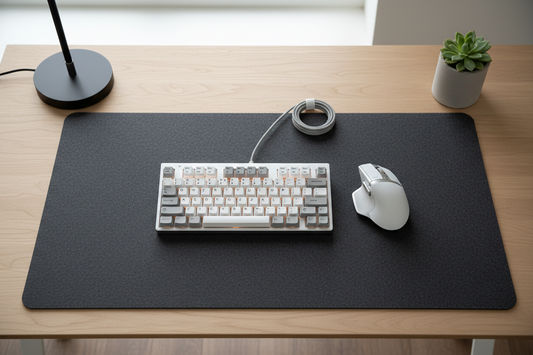 Wireless mechanical keyboard and ergonomic mouse on a clean home office desk mat