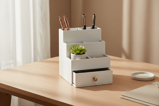 A stylish white desk organizer with drawers displayed as a thoughtful work anniversary gift for a female coworker