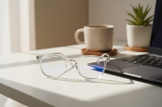 A pair of clear lens blue light blocking glasses on a home office desk — a practical gift for a remote worker who spends all day on screens
