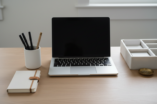 Minimalist back-to-school desk setup with pen cup, notebook, and laptop on a clean oak surface