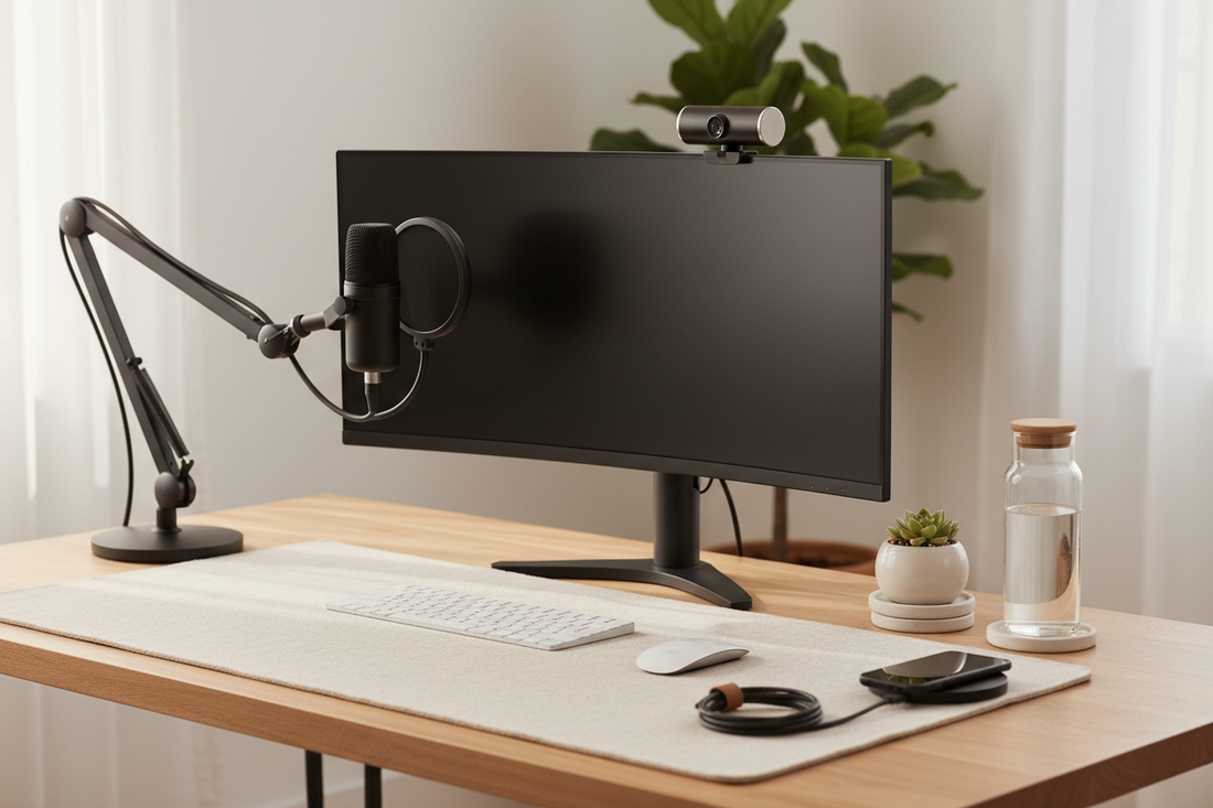 Best webcam and USB meeting microphone setup on a clean minimalist home office desk