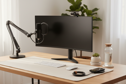 Best webcam and USB meeting microphone setup on a clean minimalist home office desk