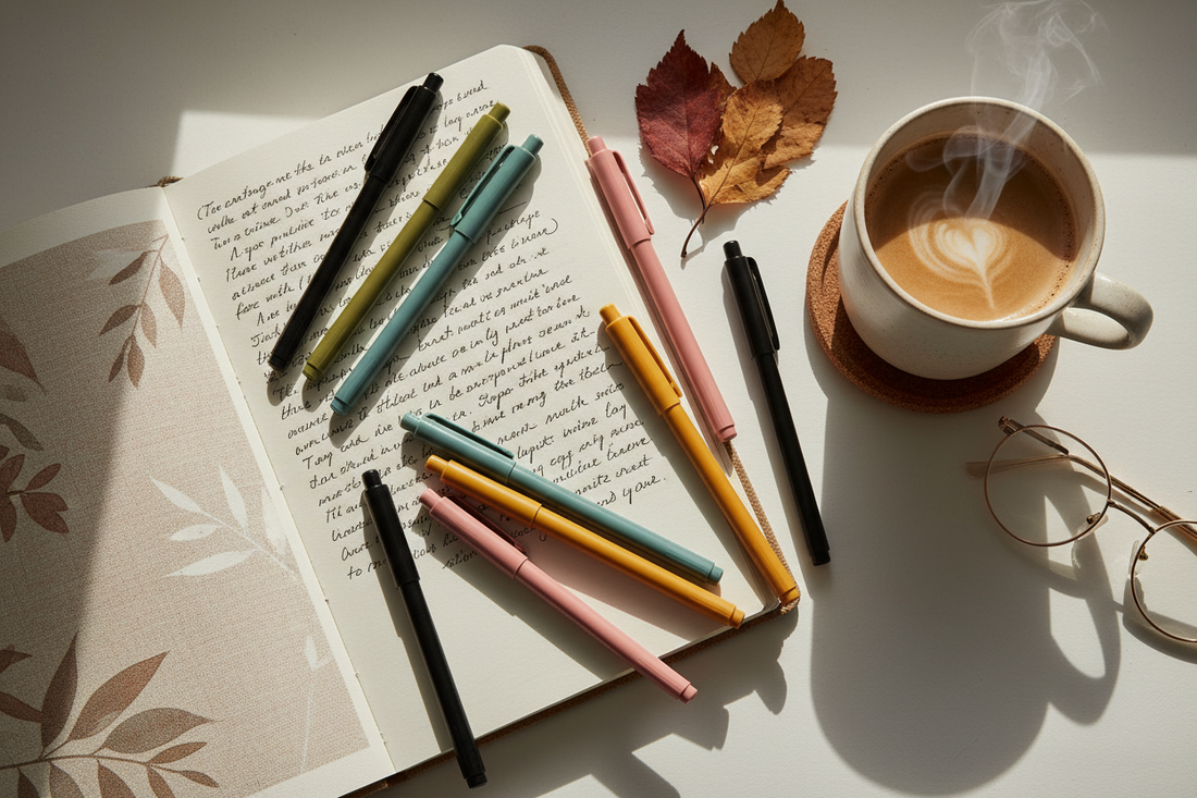 Aesthetic gel pens arranged on an open journal with handwritten pages in a cozy fall setting with warm natural light