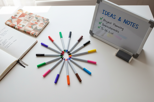 Colorful dry erase markers with eraser and whiteboard on a clean white desk for home study room setup