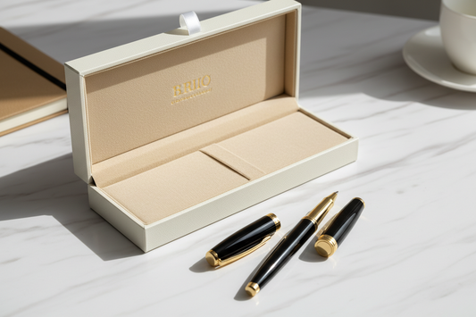 Luxury executive gift pens with 24K gold trim displayed in an elegant gift box on a marble desk