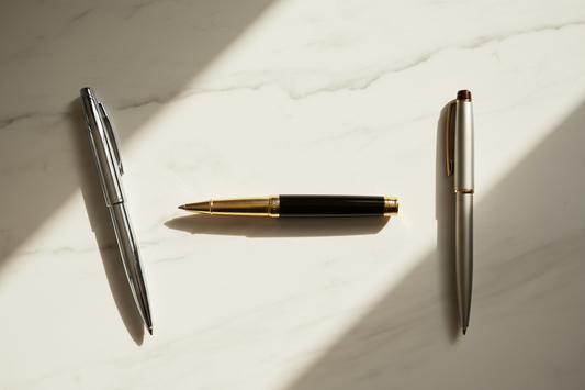 Premium luxury pens for back-to-office and back-to-school season arranged on a marble desk