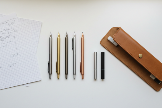 Premium metal mechanical pencils with lead refills and leather case on a clean white desk