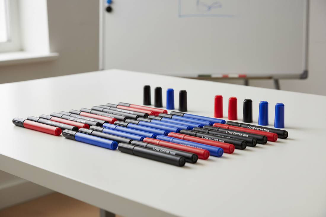 Professional dry erase markers in multiple colors arranged on a clean office desk with a whiteboard in the background