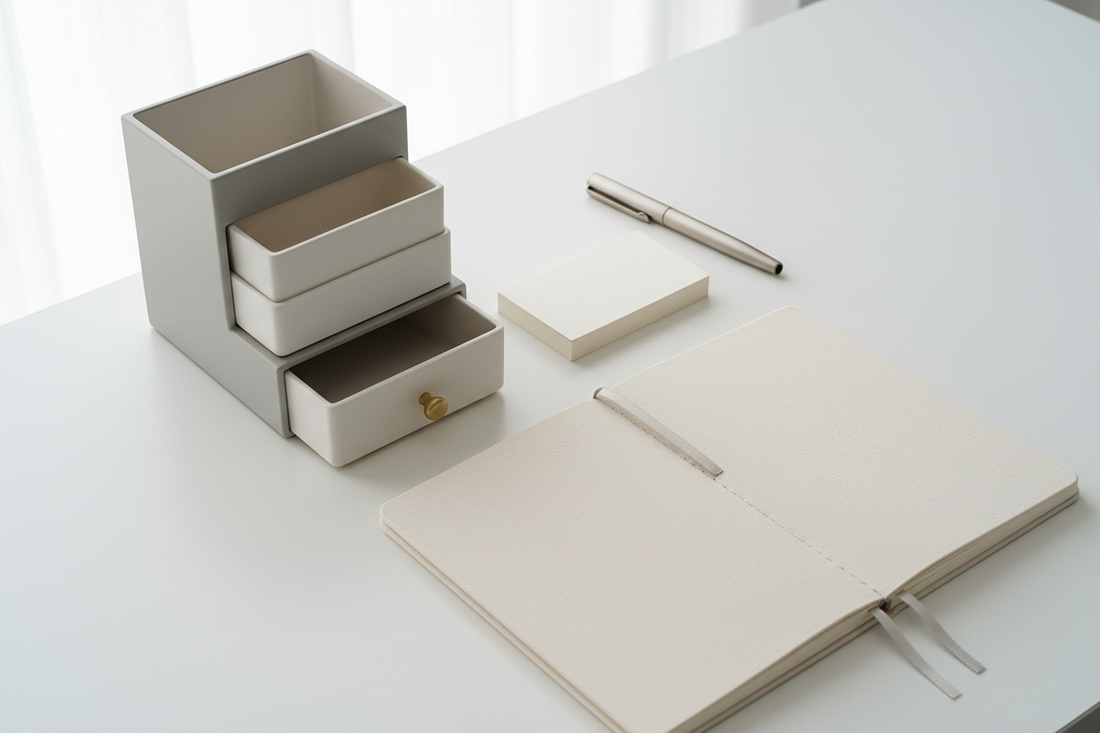 A stylish desk organizer gift set arranged on a clean white home office desk for the corporate gift season