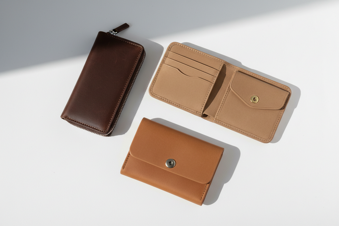 Three men's leather wallets arranged as corporate gift options for coworkers on a clean white surface