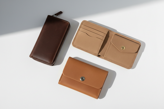 Three men's leather wallets arranged as corporate gift options for coworkers on a clean white surface
