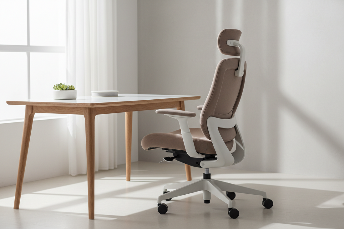 Ergonomic office chair with lumbar support and footrest at a minimalist home office desk