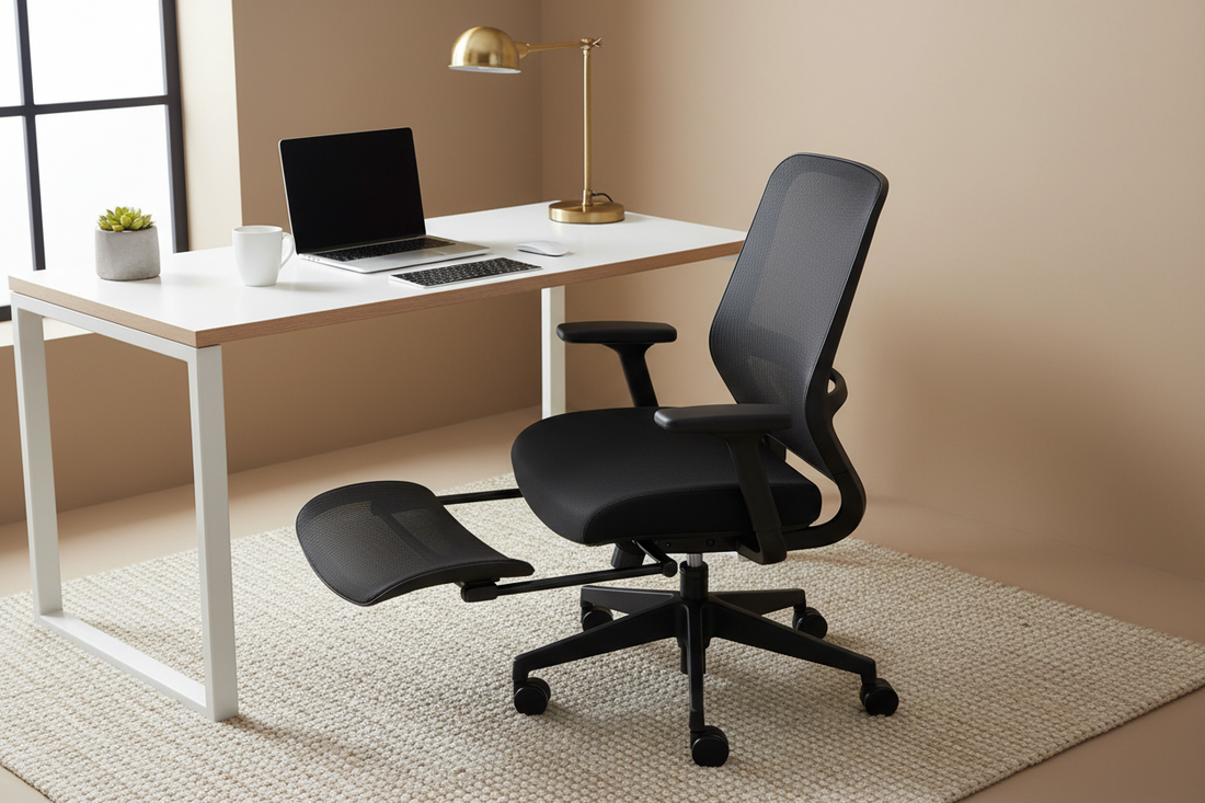 Ergonomic office chair and footrest setup in a clean minimalist home office