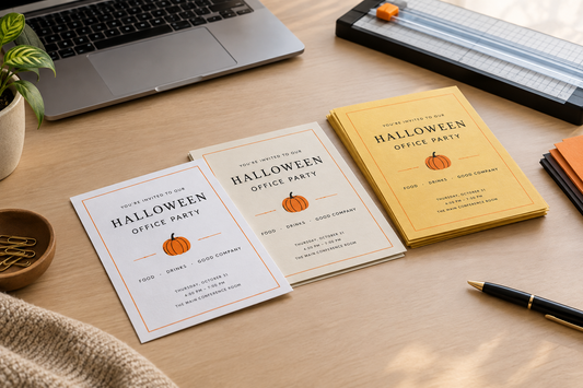 Printable Halloween office party invitations on white, cream, and yellow cardstock arranged on a modern desk.
