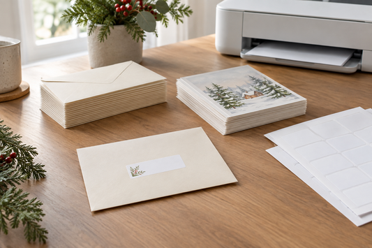 Printable address labels and client holiday cards arranged on a tidy office desk before a seasonal mailing.