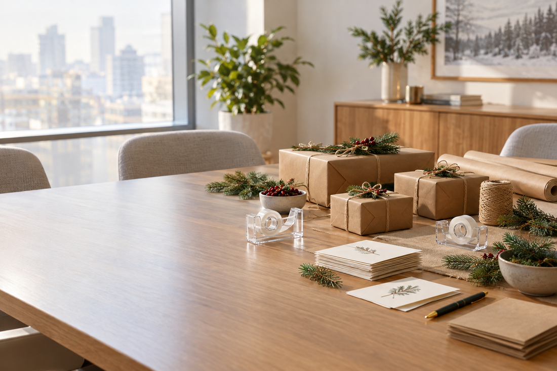 Clear tape with dispensers sits beside wrapped employee gifts and thank-you cards on an office holiday gift-wrapping table.