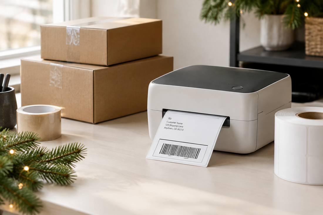 A 4x6 thermal shipping label printer sits beside packed holiday orders at a small-business workstation.