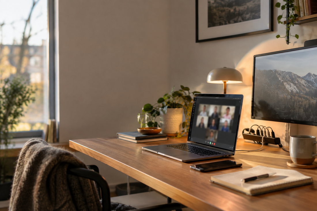 A hybrid worker’s desk with neatly organized cables, ready for a holiday video call.
