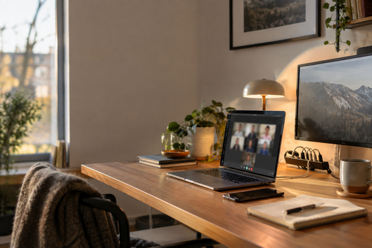 A hybrid worker’s desk with neatly organized cables, ready for a holiday video call.