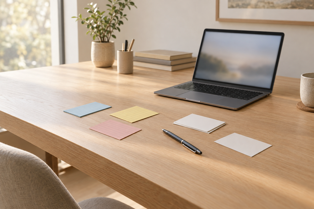 Colored and white 3x5 index cards sit beside a laptop and pen on a desk prepared for a year-end presentation.