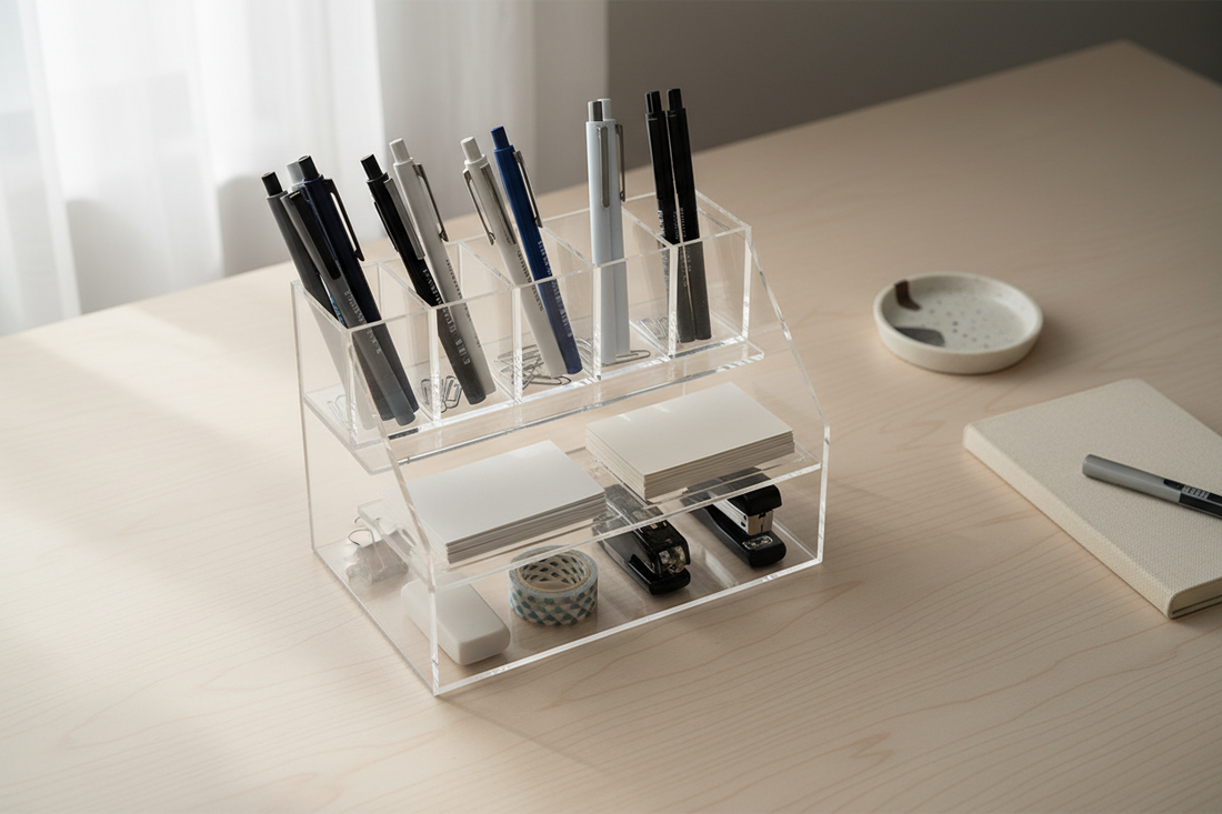 A multi-tier desk organizer filled with office supplies presented as a year-end corporate gift for staff and coworkers