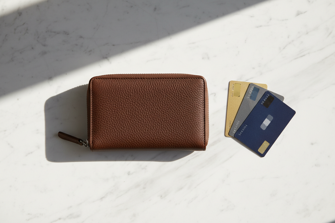 A genuine leather zipper wallet displayed as a polished work anniversary gift for a male coworker under $35
