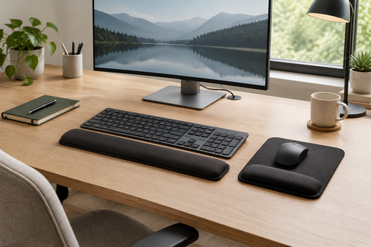 A keyboard wrist rest and mouse pad set arranged with an external keyboard on a spacious home-office desk.