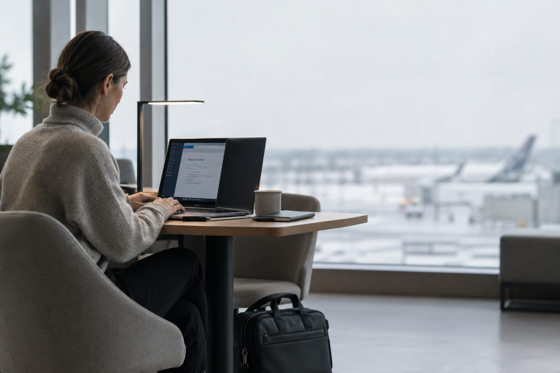 A laptop privacy screen in use at a shared workspace during holiday travel.