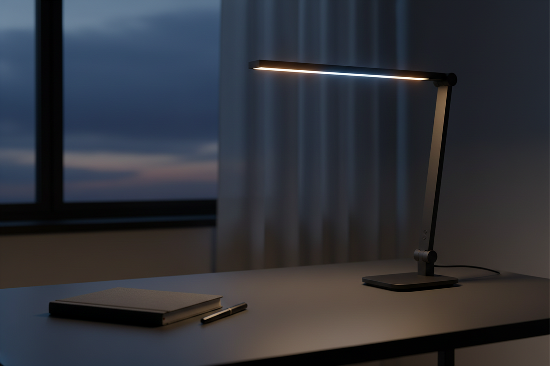 A sleek LED desk lamp glowing on a minimal office desk, presented as a professional gift for a boss on National Bosses Day
