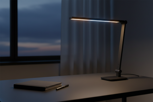 A sleek LED desk lamp glowing on a minimal office desk, presented as a professional gift for a boss on National Bosses Day
