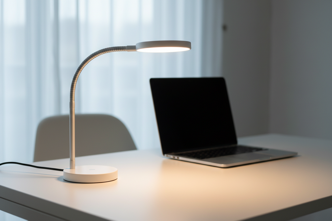 A dimmable LED desk lamp glowing on a clean home office desk — a practical holiday gift for a remote worker under $40